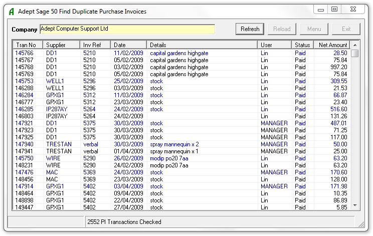 Find Duplicate Purchase Invoices